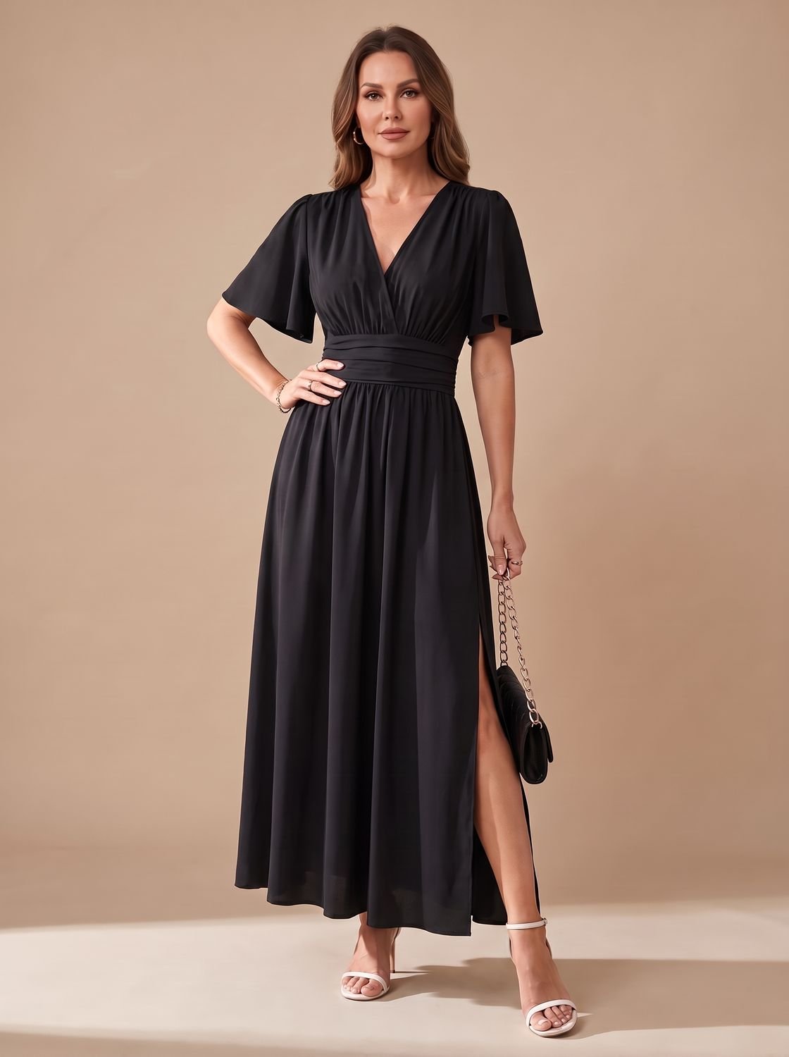 Women's V-Neck Flutter-Sleeve High-Waist Maxi Dress with Side Slit