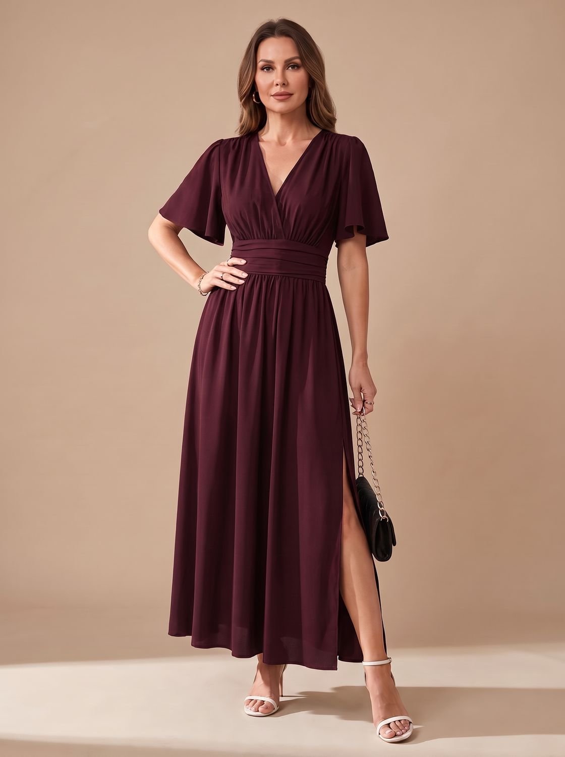 Women's V-Neck Flutter-Sleeve High-Waist Maxi Dress with Side Slit