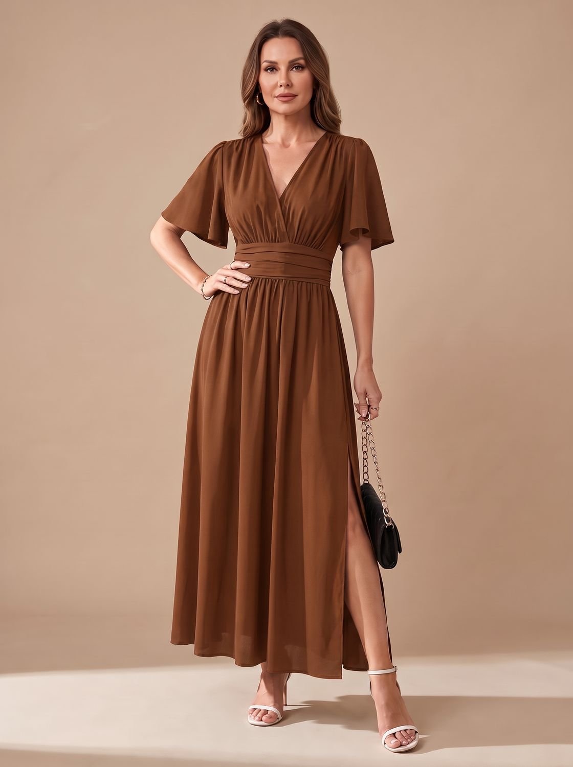 Women's V-Neck Flutter-Sleeve High-Waist Maxi Dress with Side Slit