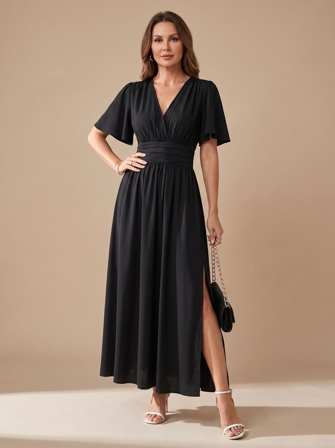 Women's V-Neck Flutter-Sleeve High-Waist Maxi Dress with Side Slit
