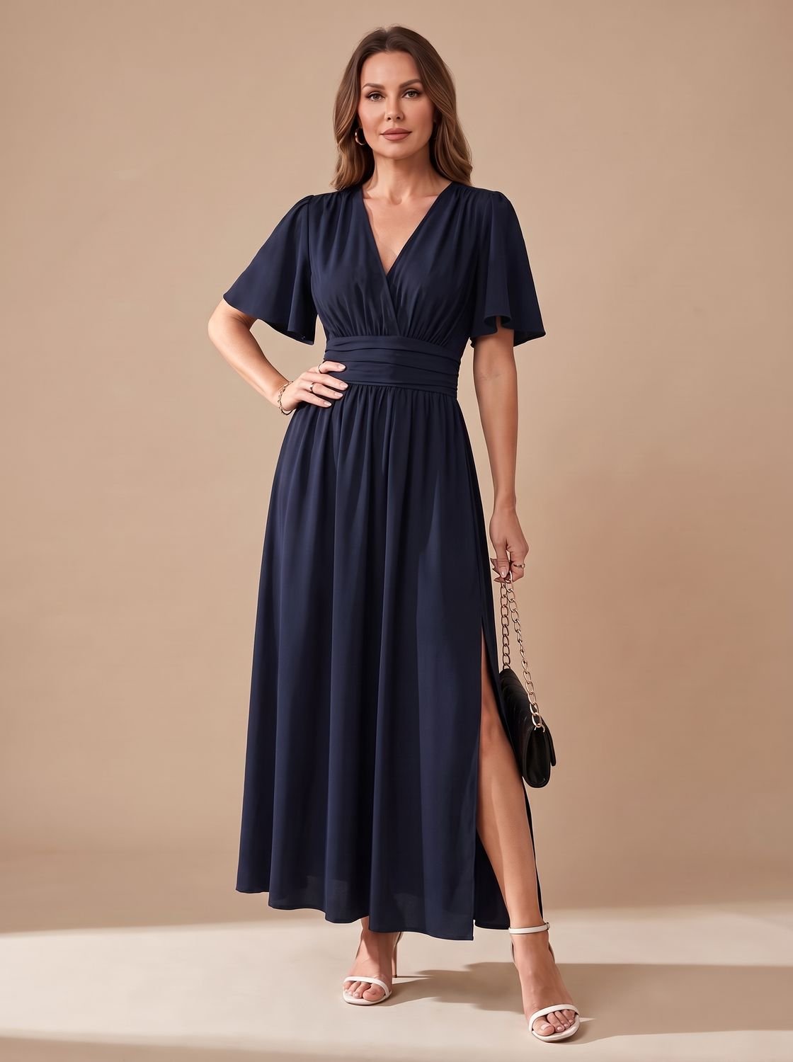 Women's V-Neck Flutter-Sleeve High-Waist Maxi Dress with Side Slit