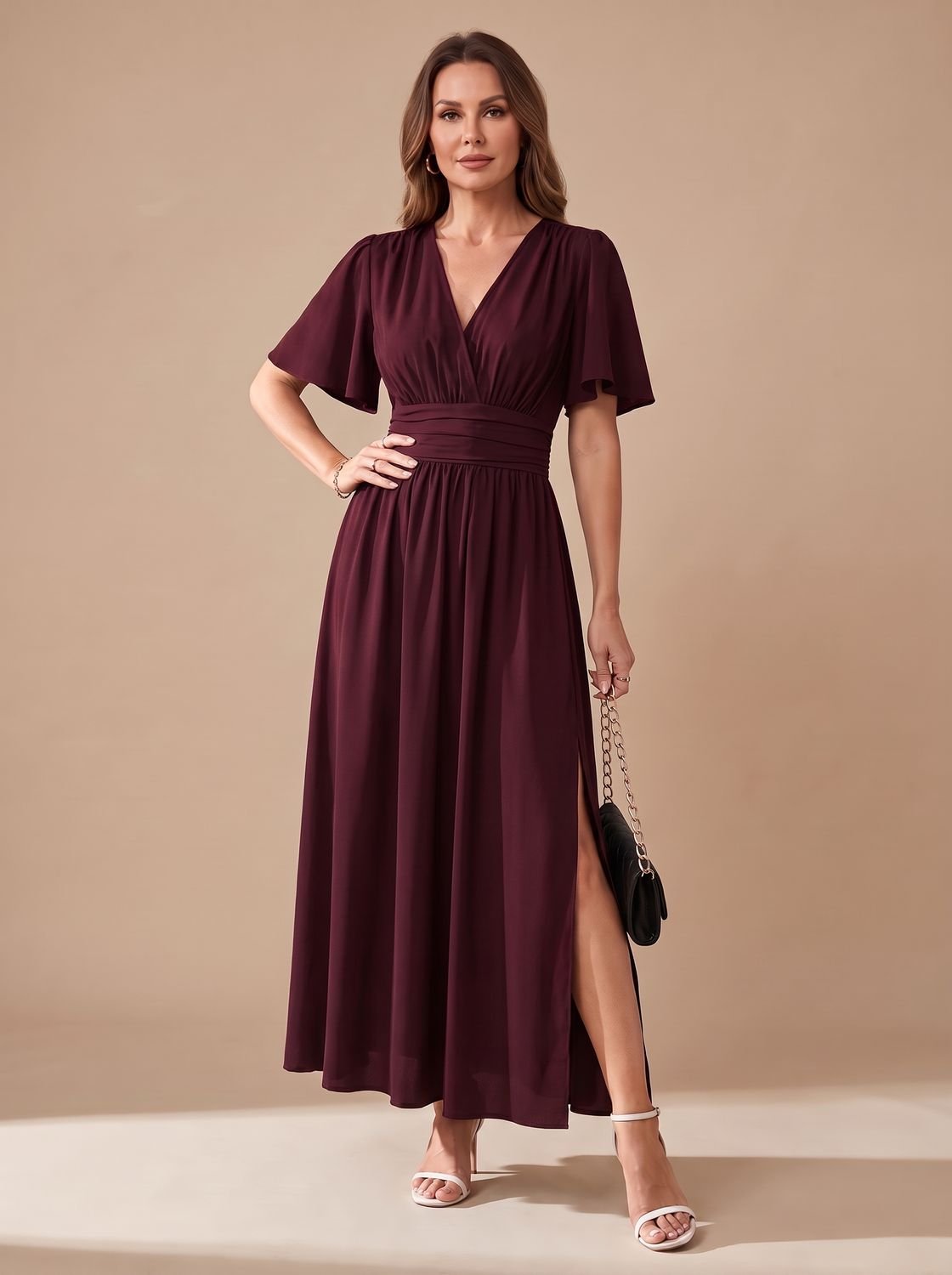 Women's V-Neck Flutter-Sleeve High-Waist Maxi Dress with Side Slit