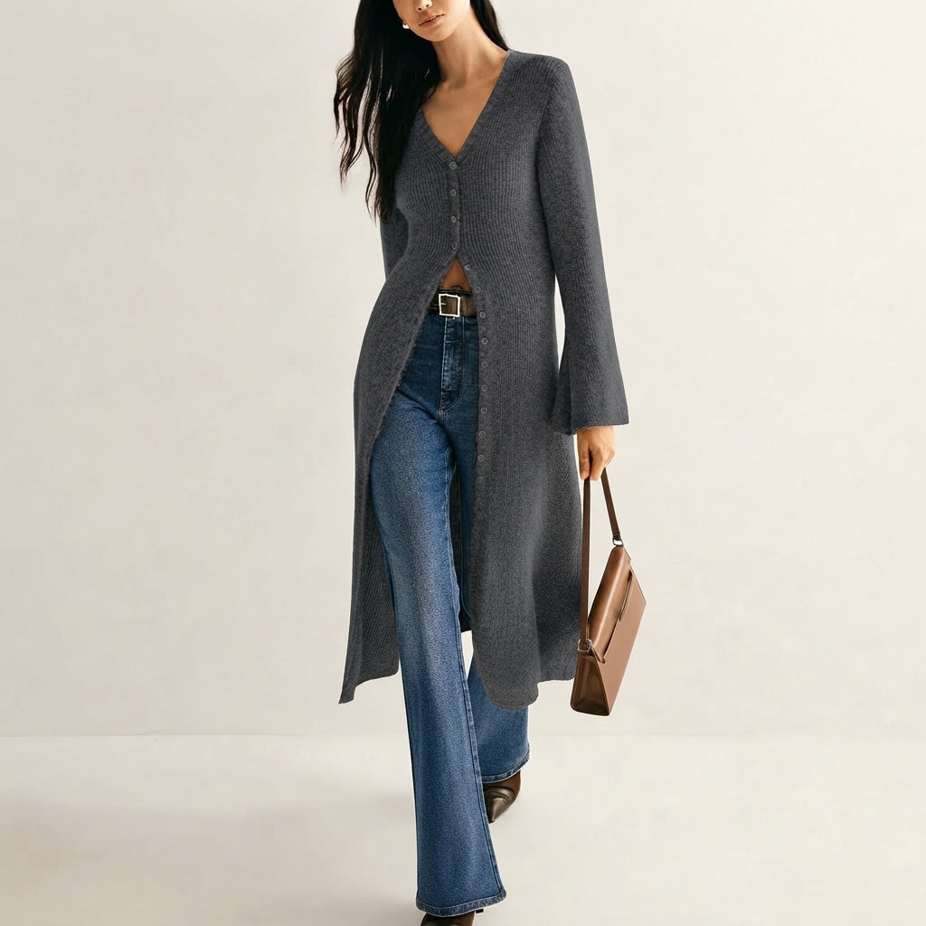 Women's V-Neck Longline Button-Front Knit Cardigan