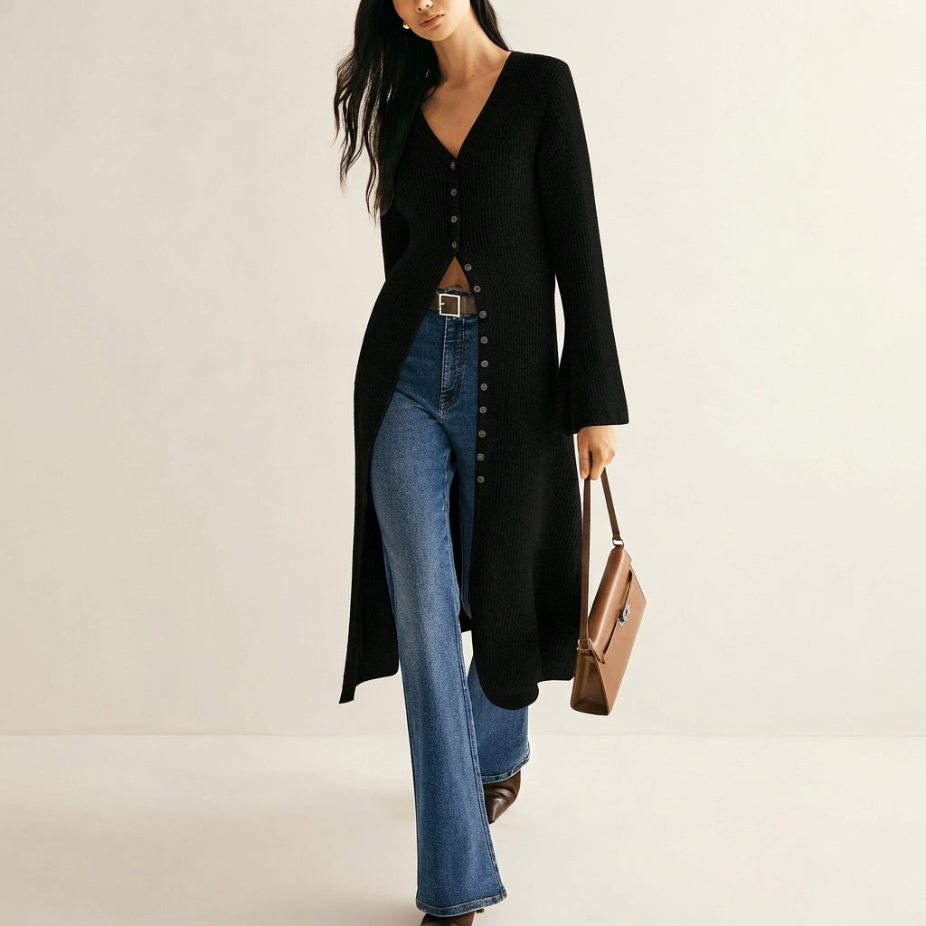 Women's V-Neck Longline Button-Front Knit Cardigan