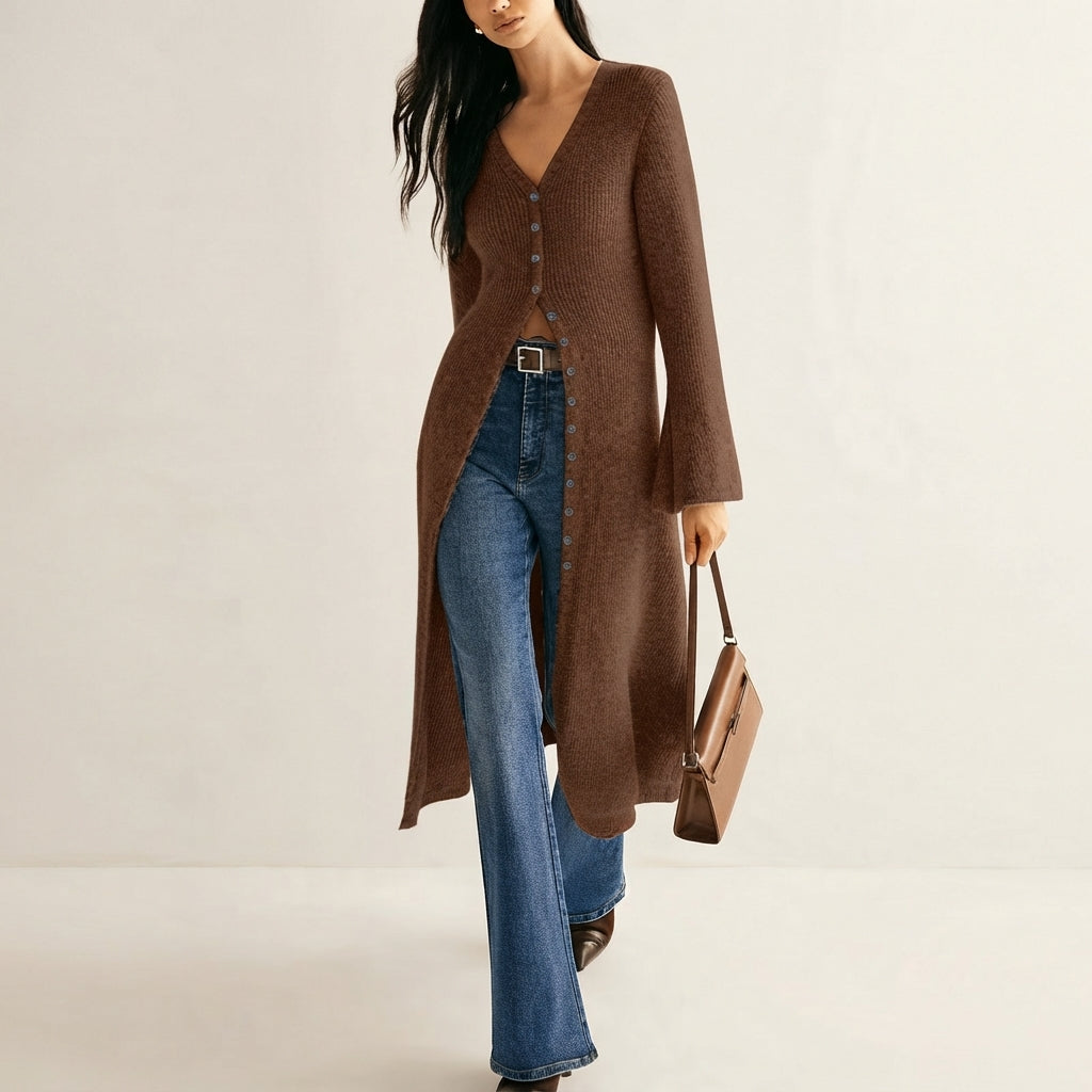 Women's V-Neck Longline Button-Front Knit Cardigan