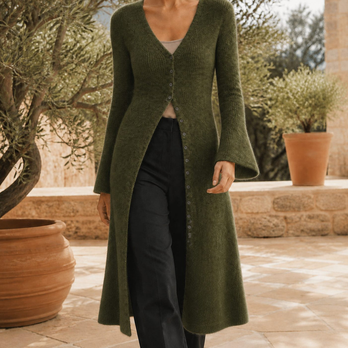 Women's V-Neck Longline Button-Front Knit Cardigan