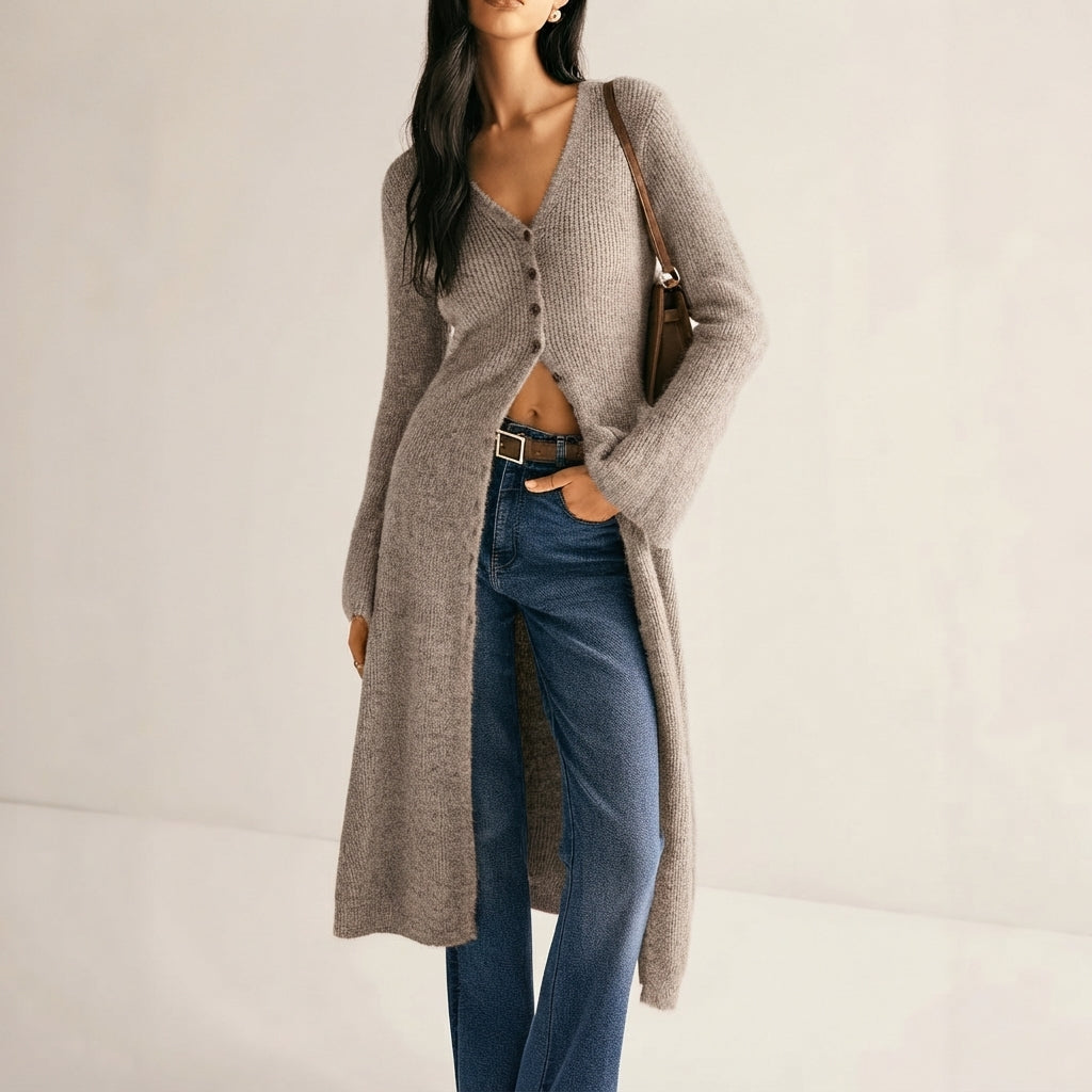 Women's V-Neck Longline Button-Front Knit Cardigan