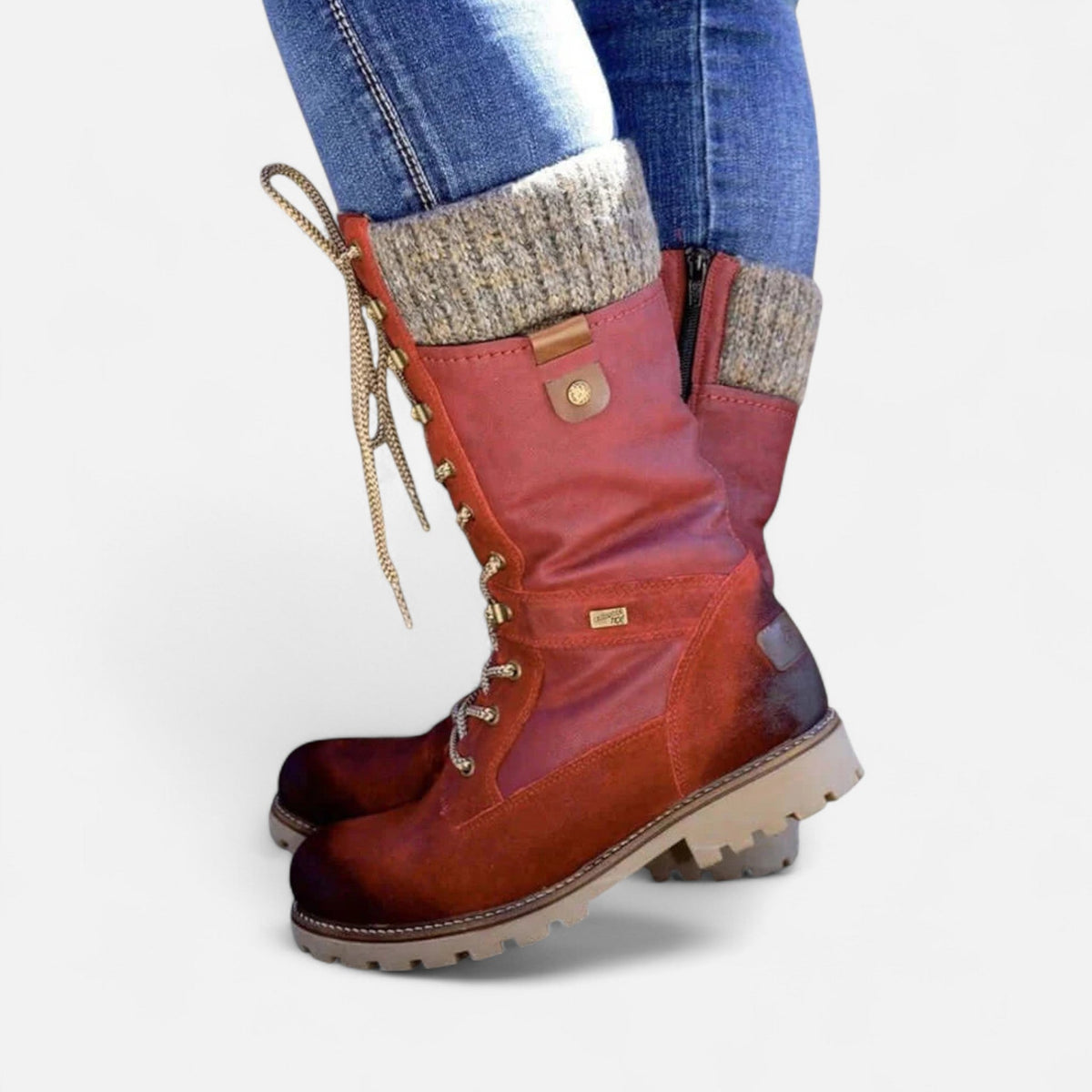 Women’s Warm Padded Winter Lace-Up Mid-Calf Boots with Knit Cuffs and Durable Sole