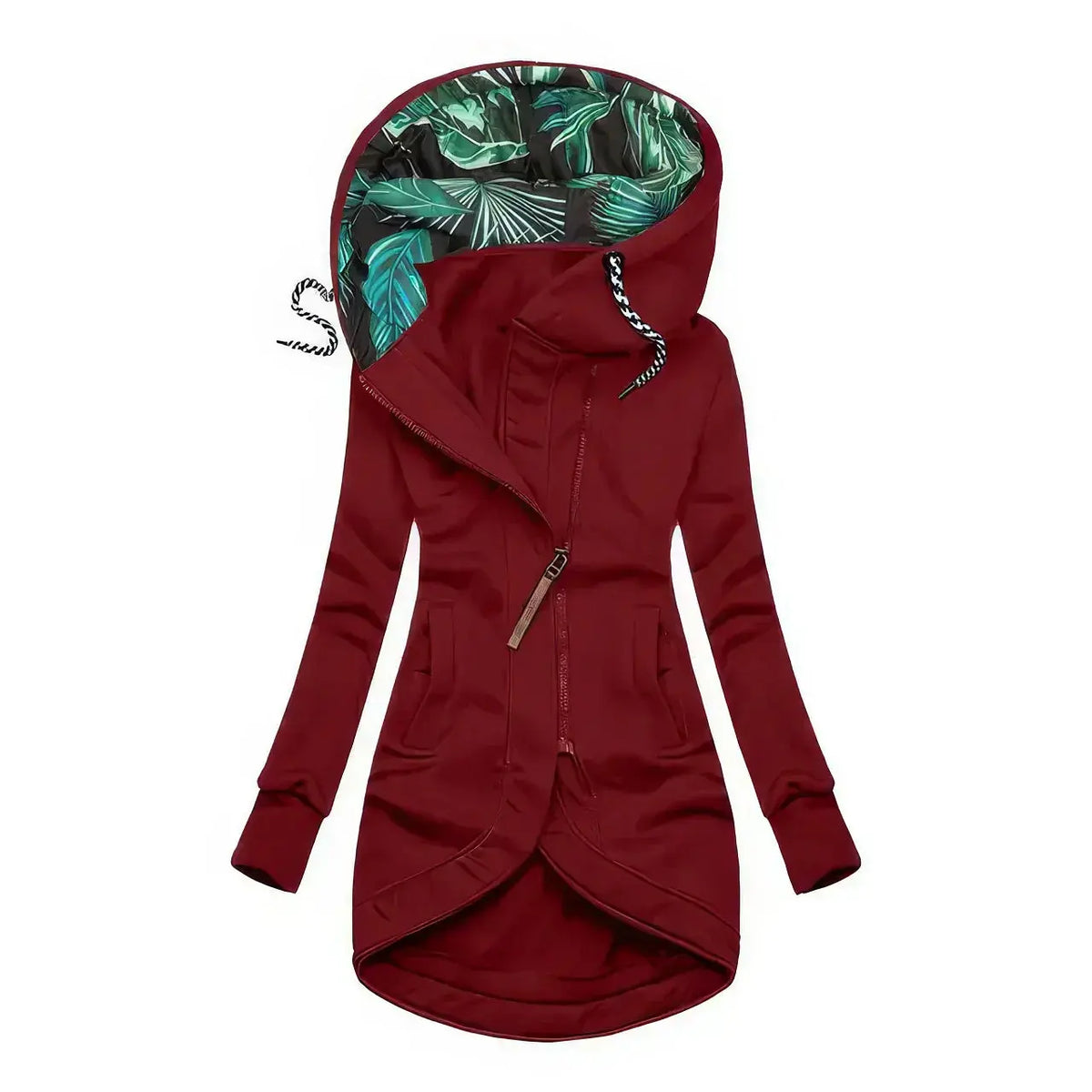 Women's Water-Resistant Rain Jacket with Asymmetrical Zip and Palm-Print Lining