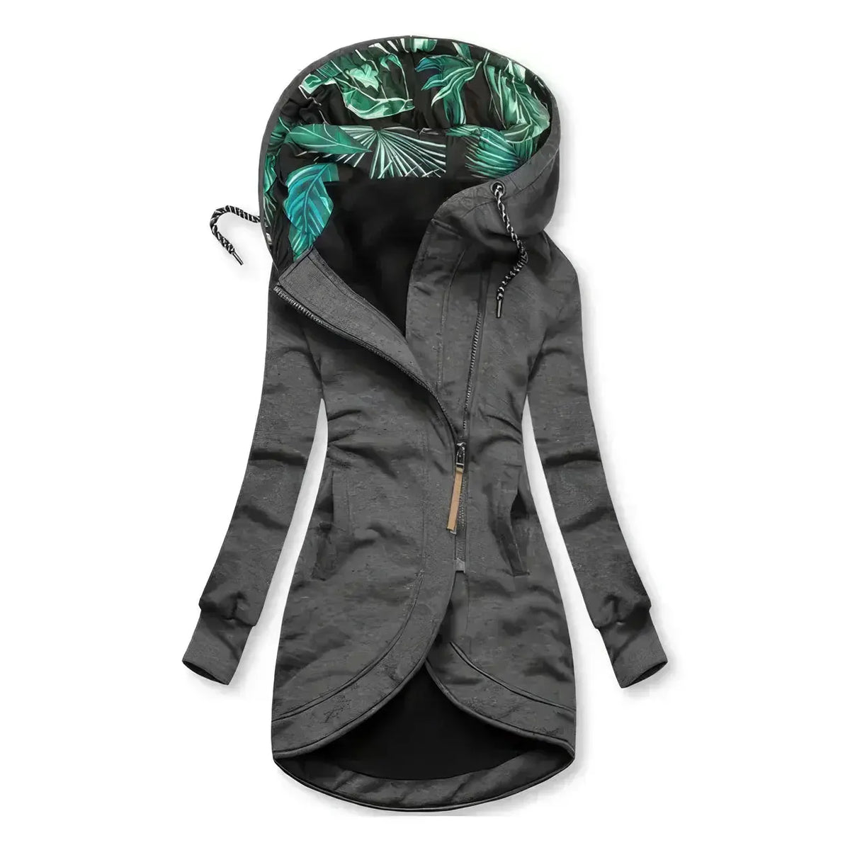 Women's Water-Resistant Rain Jacket with Asymmetrical Zip and Palm-Print Lining