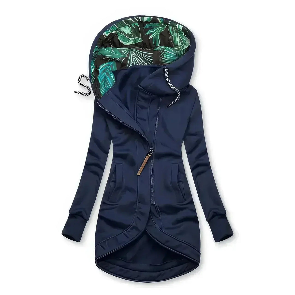 Women's Water-Resistant Rain Jacket with Asymmetrical Zip and Palm-Print Lining