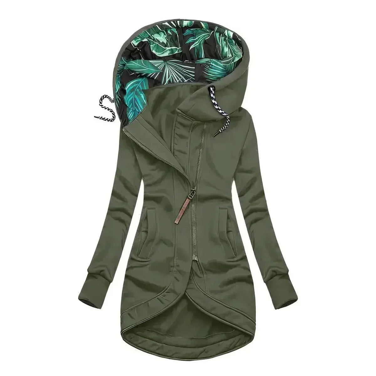 Women's Water-Resistant Rain Jacket with Asymmetrical Zip and Palm-Print Lining