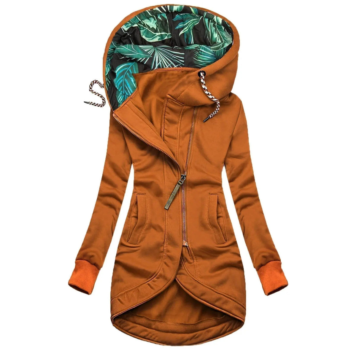 Women's Water-Resistant Rain Jacket with Asymmetrical Zip and Palm-Print Lining