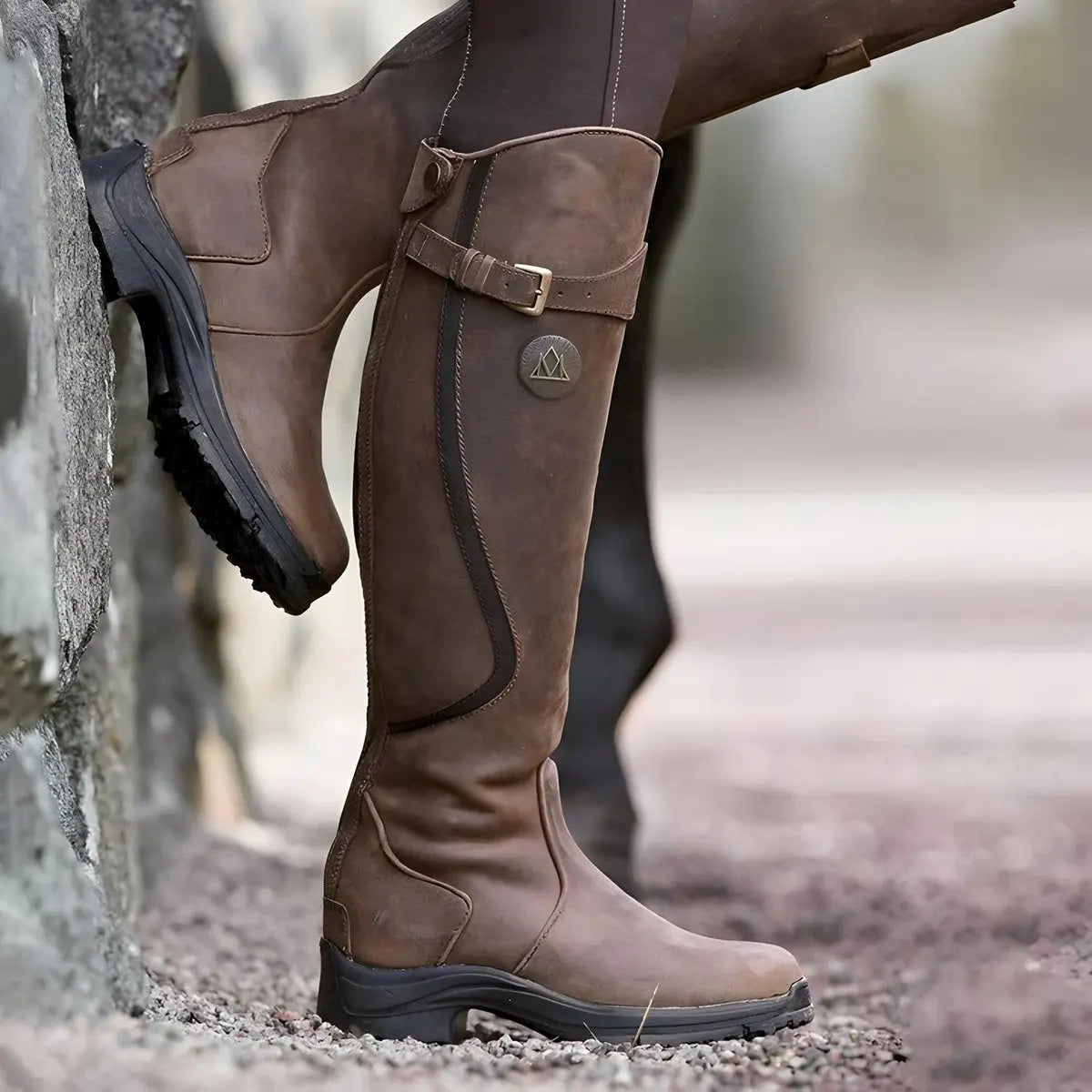 Women's Waterproof Leather Knee-High Boots with Buckle Detail