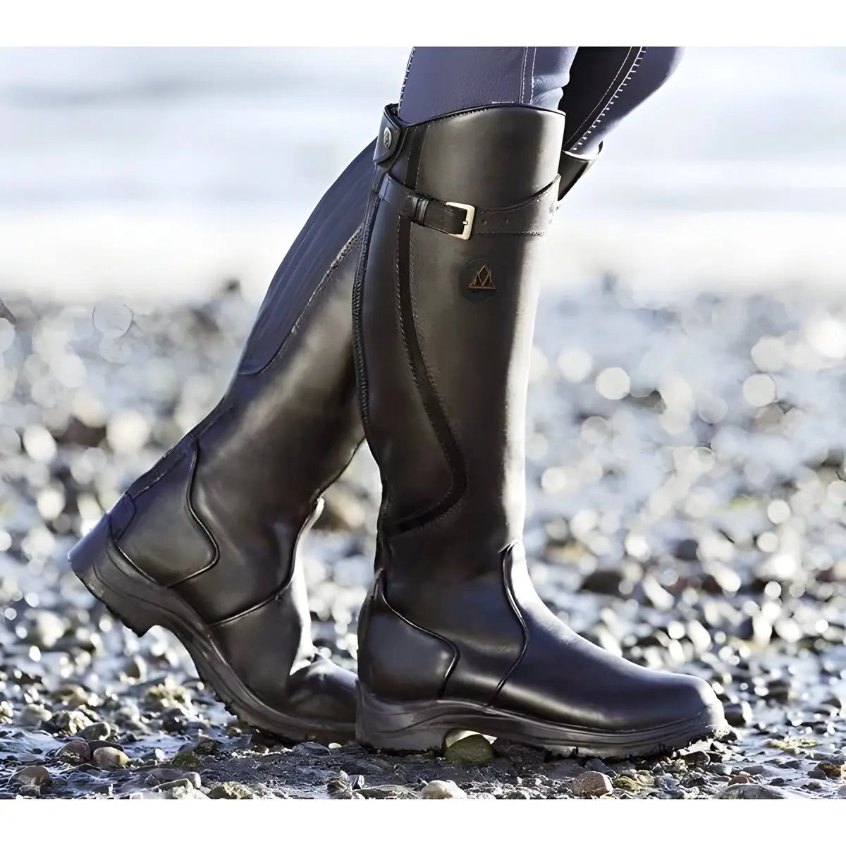 Women's Waterproof Leather Knee-High Boots with Buckle Detail
