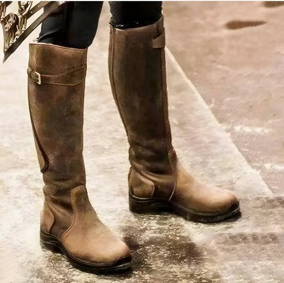 Women's Waterproof Leather Knee-High Boots with Buckle Detail